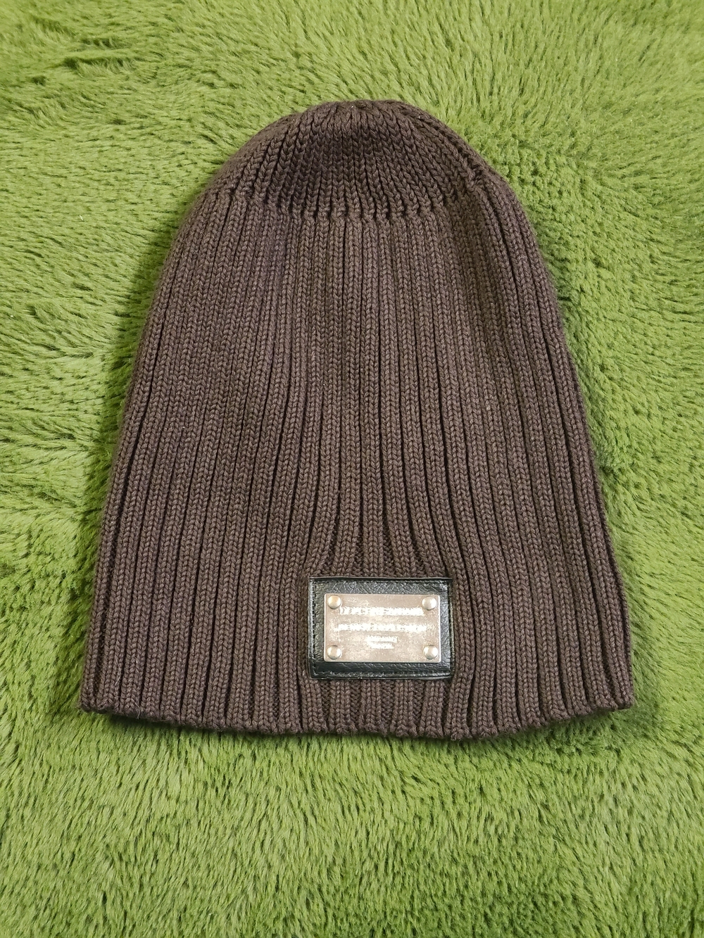 Dolce & Gabbana Dark Brown Ribbed Knit Beanie with Metal Plaque